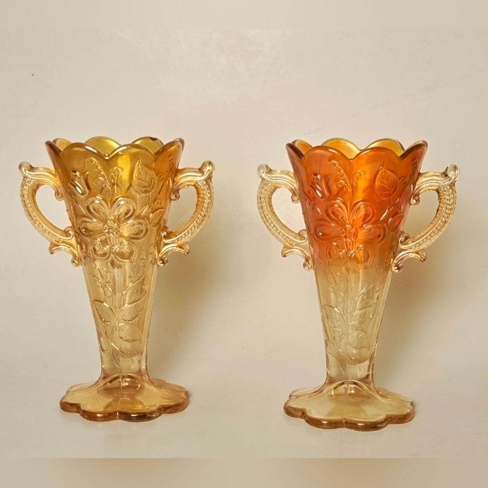 Vintage Carnival Glass Trophy Vases Pair | Marigold Iridescent Floral Handles
